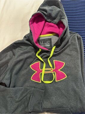 Under Armour Gray Hoodie with Pink Logo and Neon Yellow Accents